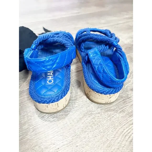 CHANEL Blue Cord Lambskin Quilted Cork PlatformLogo Sandals Size 6.5